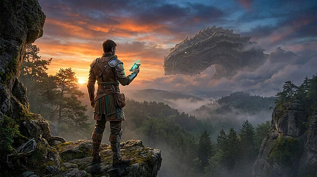 Monster Hunter Wilds : Une épopée fantastique Un guerrier en armure regarde un dragon gigantesque émergeant des nuages au coucher du soleil dans un paysage montagneux.