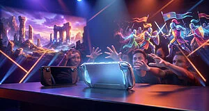 Deux consoles de jeu portables sur une table avec des joueurs enthousiastes et des projections holographiques en arrière-plan.