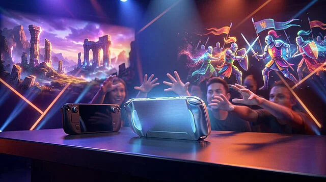 Nintendo Direct 2026 : Révélation de la Switch 2 Deux consoles de jeu portables sur une table avec des joueurs enthousiastes et des projections holographiques en arrière-plan.