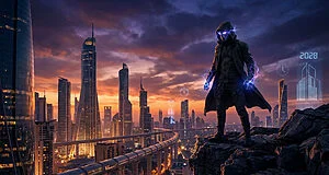 Un personnage mystérieux en manteau sombre avec des yeux électriques surplombe une ville futuriste au coucher du soleil.
