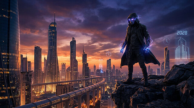 Solo Leveling : L'attente de la saison 3 Un personnage mystérieux en manteau sombre avec des yeux électriques surplombe une ville futuriste au coucher du soleil.