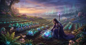 Une sorcière en robe violette touche une citrouille lumineuse dans un jardin fantastique au crépuscule.