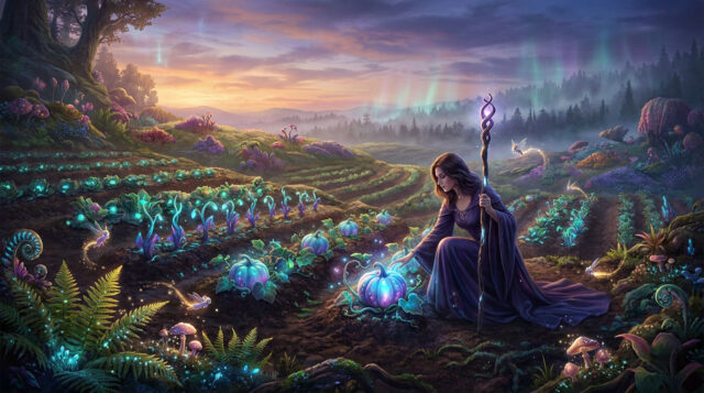Une sorcière en robe violette touche une citrouille lumineuse dans un jardin fantastique au crépuscule.