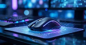 Une souris gaming sans fil avec éclairage néon posée sur un tapis lumineux dans un environnement de jeu.