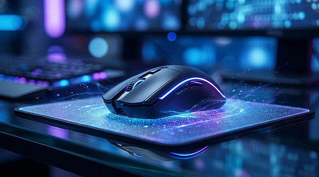 Souris gaming sans fil haute performance Une souris gaming sans fil avec éclairage néon posée sur un tapis lumineux dans un environnement de jeu.