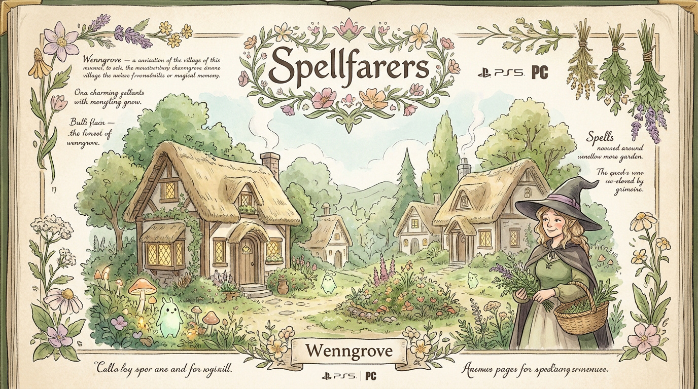 Une sorcière explore le village magique de Wenngrove dans Spellfarers