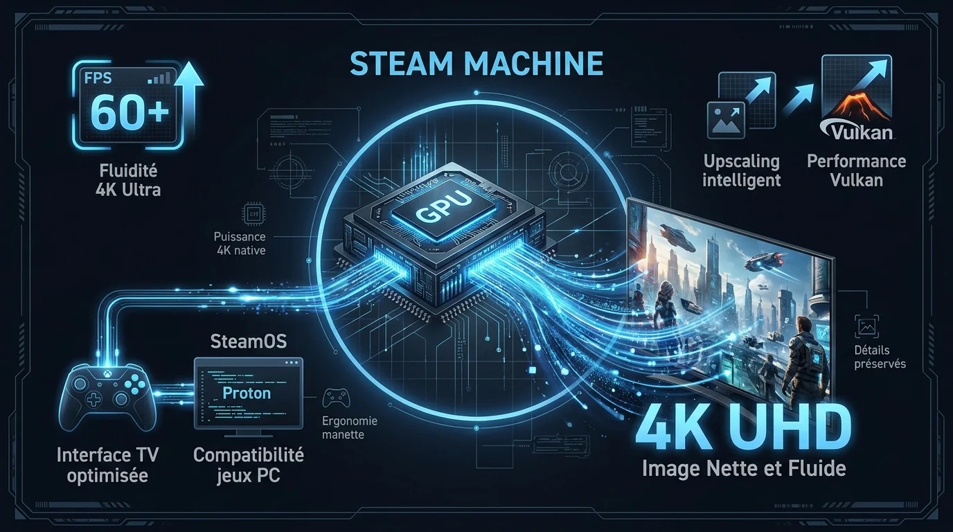 Console Steam Machine de Valve affichant des graphismes 4K haute performance