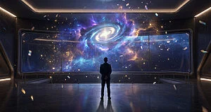 Un homme en costume observe une vaste galaxie tourbillonnante à travers une immense baie vitrée futuriste.
