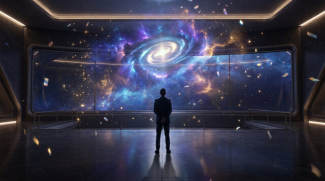 Super Mario Galaxy : le succès galactique de 2026 Un homme en costume observe une vaste galaxie tourbillonnante à travers une immense baie vitrée futuriste.