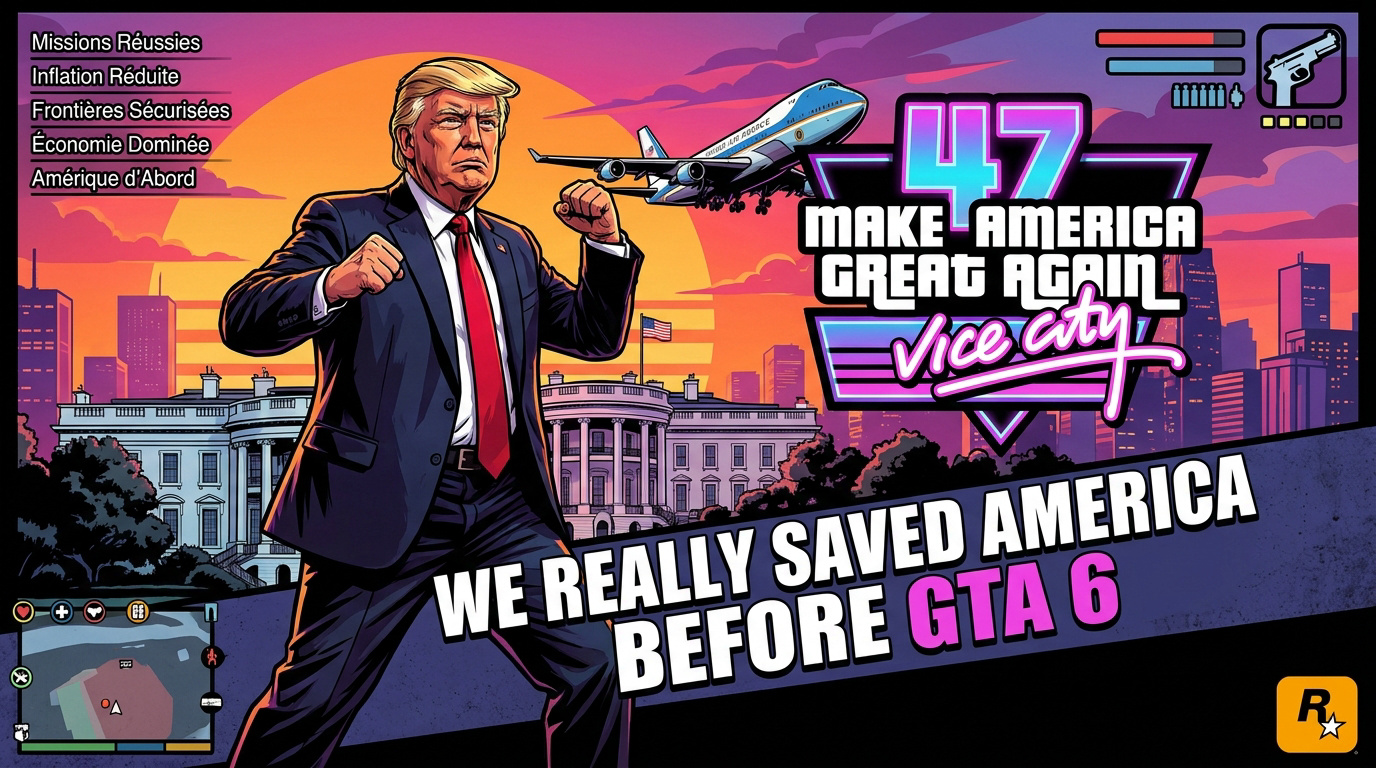 Mème de Donald Trump parodiant la jaquette de GTA 6 publié par la Maison Blanche