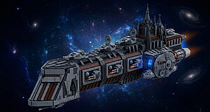 Un vaisseau spatial imposant en briques LEGO style Warhammer, naviguant dans un espace galactique coloré.