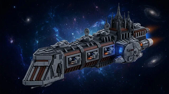 Faucon Millenium version Cuirassé Warhammer en LEGO Un vaisseau spatial imposant en briques LEGO style Warhammer, naviguant dans un espace galactique coloré.