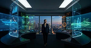 Une femme d'affaires dans un centre de contrôle futuriste avec des écrans holographiques affichant des données.