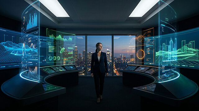 Asha Sharma : La stratégie au cœur du numérique Une femme d'affaires dans un centre de contrôle futuriste avec des écrans holographiques affichant des données.