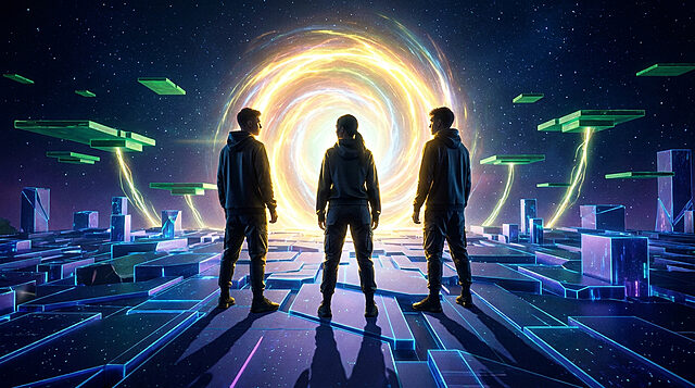 Code Lyoko : Le retour vers le monde virtuel Trois personnes font face à un portail lumineux dans un monde numérique composé de plateformes géométriques.
