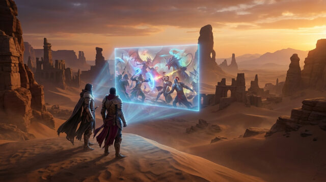 Crimson Desert : Le multijoueur sur Switch 2 Deux guerriers contemplent un écran holographique affichant une scène de combat épique dans un désert au coucher du soleil.