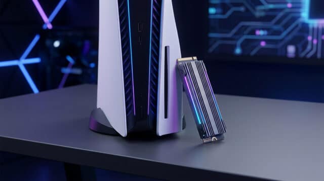 Quel SSD choisir pour booster votre PS5 Pro ? Une console PS5 Pro et un SSD NVMe avec dissipateur thermique posés sur un bureau dans une ambiance gaming néon.