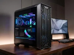 Meilleur boitier PC gaming 2026 : quel châssis pour votre config ? Boîtier PC gaming haut de gamme avec éclairage RGB, posé sur un bureau en bois devant un écran incurvé.