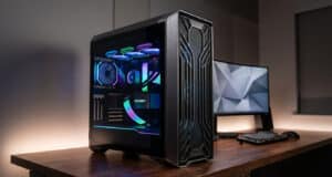 Boîtier PC gaming haut de gamme avec éclairage RGB, posé sur un bureau en bois devant un écran incurvé.