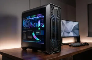 Meilleur boitier PC gaming 2026 : quel châssis pour votre config ? Boîtier PC gaming haut de gamme avec éclairage RGB, posé sur un bureau en bois devant un écran incurvé.