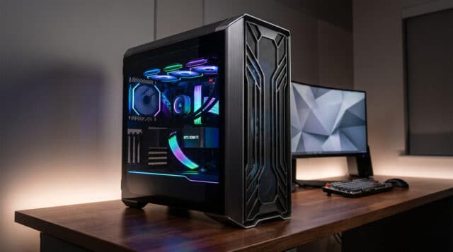 Quel boîtier PC gaming choisir en 2026 ? Boîtier PC gaming haut de gamme avec éclairage RGB, posé sur un bureau en bois devant un écran incurvé.