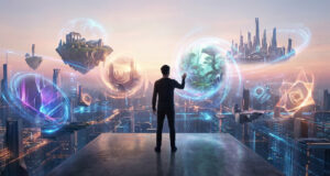 Un homme regarde des portails holographiques flottants au-dessus d'une ville futuriste au coucher du soleil.