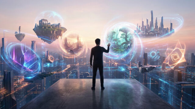 L'avenir de la création chez Sandfall Interactive Un homme regarde des portails holographiques flottants au-dessus d'une ville futuriste au coucher du soleil.