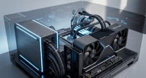 Un PC haut de gamme avec une carte graphique RTX 5090 et une alimentation puissante dans un boîtier vitré moderne.