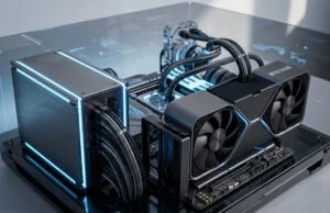 Quelle alimentation choisir pour la Nvidia RTX 5090 ? Un PC haut de gamme avec une carte graphique RTX 5090 et une alimentation puissante dans un boîtier vitré moderne.
