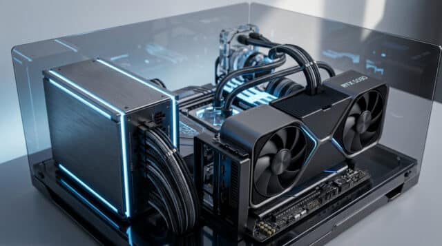 Alimentation idéale pour la Nvidia RTX 5090 Un PC haut de gamme avec une carte graphique RTX 5090 et une alimentation puissante dans un boîtier vitré moderne.