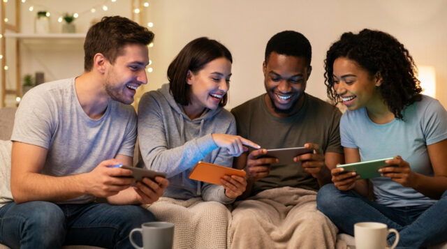 Quatre amis joyeux assis sur un canapé, jouant ensemble sur des consoles portables et des tablettes.