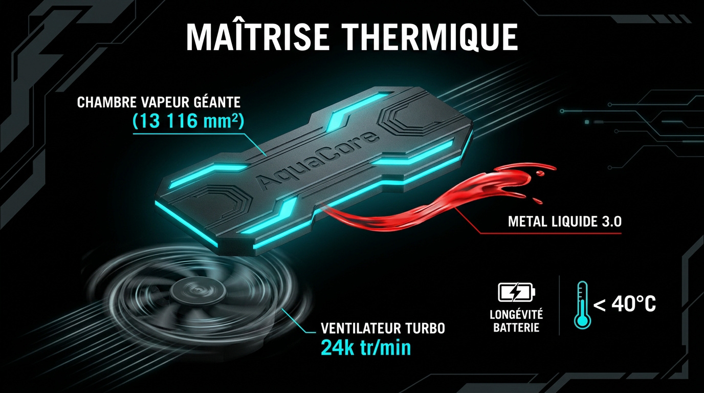Système de refroidissement AquaCore du REDMAGIC 11S Pro avec ventilateur turbo et chambre à vapeur