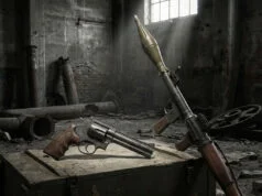 Resident Evil Requiem : les meilleures armes pour survivre à l’horreur Un revolver et un lance-roquettes posés sur une caisse en bois dans un entrepôt sombre et délabré.