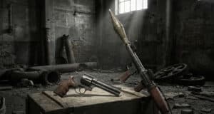 Un revolver et un lance-roquettes posés sur une caisse en bois dans un entrepôt sombre et délabré.