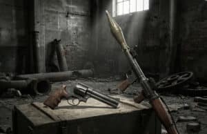 Resident Evil Requiem : les meilleures armes pour survivre à l’horreur Un revolver et un lance-roquettes posés sur une caisse en bois dans un entrepôt sombre et délabré.