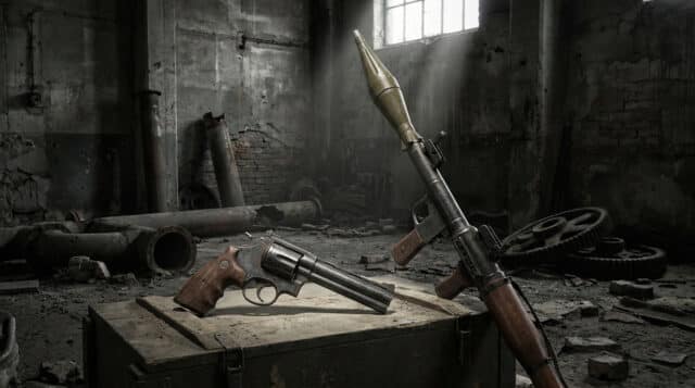 Les armes iconiques de Resident Evil Requiem Un revolver et un lance-roquettes posés sur une caisse en bois dans un entrepôt sombre et délabré.