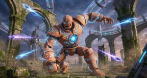 Un robot massif en pierre avec des runes lumineuses et des éclairs combat dans des ruines anciennes mystiques.