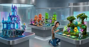 Un enfant émerveillé joue avec des sets LEGO interactifs dans une salle d'exposition futuriste.