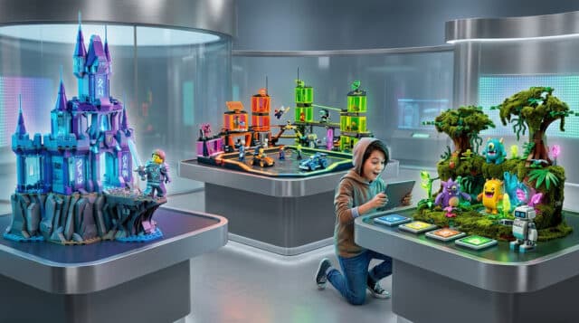 Un enfant émerveillé joue avec des sets LEGO interactifs dans une salle d'exposition futuriste.
