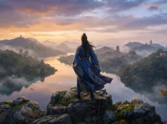 Where Winds Meet sur PS5 : ce que l’on sait de la sortie Un guerrier en tenue traditionnelle contemple un paysage montagneux brumeux avec des pagodes au coucher du soleil.