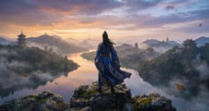 Un guerrier en tenue traditionnelle contemple un paysage montagneux brumeux avec des pagodes au coucher du soleil.
