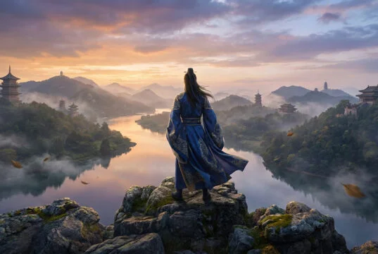 Un guerrier en tenue traditionnelle contemple un paysage montagneux brumeux avec des pagodes au coucher du soleil.