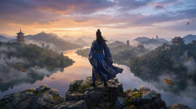 Where Winds Meet : aperçu du jeu sur PS5 Un guerrier en tenue traditionnelle contemple un paysage montagneux brumeux avec des pagodes au coucher du soleil.