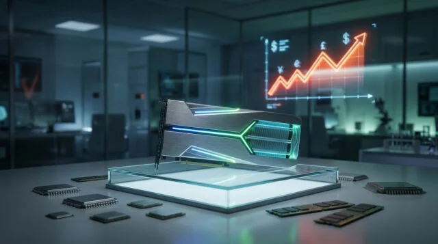 Carte graphique futuriste sur un socle entourée de puces électroniques avec un graphique financier en arrière-plan.