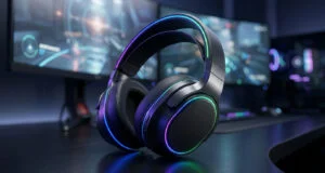 Casque gaming sans fil avec éclairage RGB posé sur un bureau devant des écrans de jeu flous.