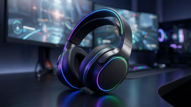 Meilleurs casques gamer sans fil 2026 Casque gaming sans fil avec éclairage RGB posé sur un bureau devant des écrans de jeu flous.