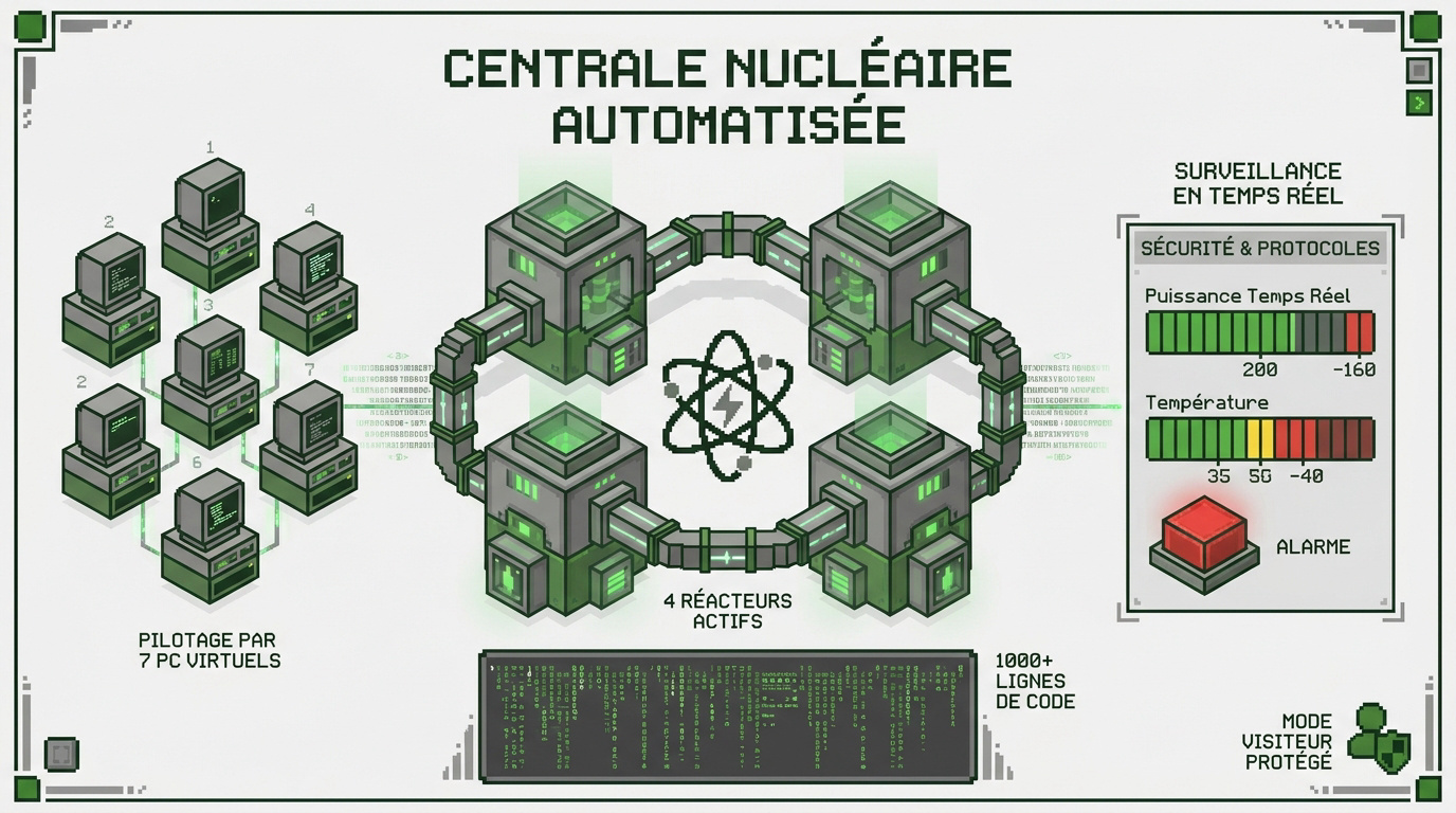 Représentation d'une centrale nucléaire complexe construite dans le jeu Minecraft