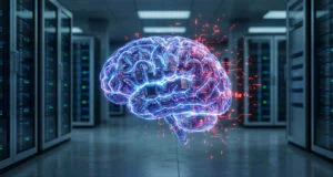 Cerveau numérique brillant entouré de circuits dans une salle de serveurs informatique.