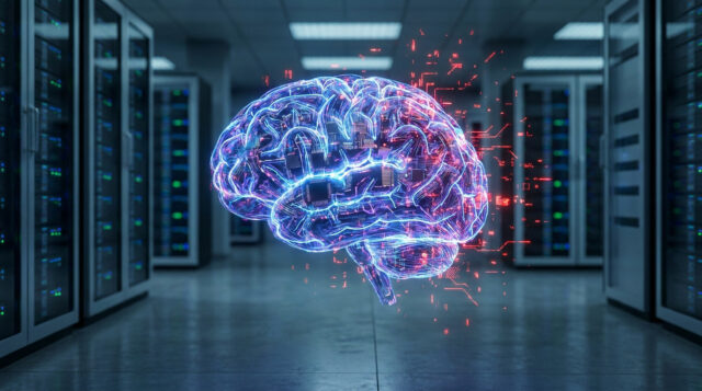 Intelligence Artificielle et enjeux de cybersécurité Cerveau numérique brillant entouré de circuits dans une salle de serveurs informatique.