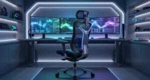 Chaise de bureau ergonomique moderne au centre d'un setup de jeu futuriste avec écrans et éclairage LED bleu.